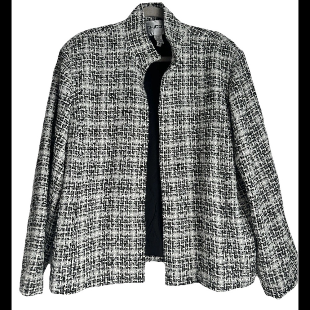 Chico's textured weave Black White Open Front Cropped Women's Jacket Sz XL Sz 3